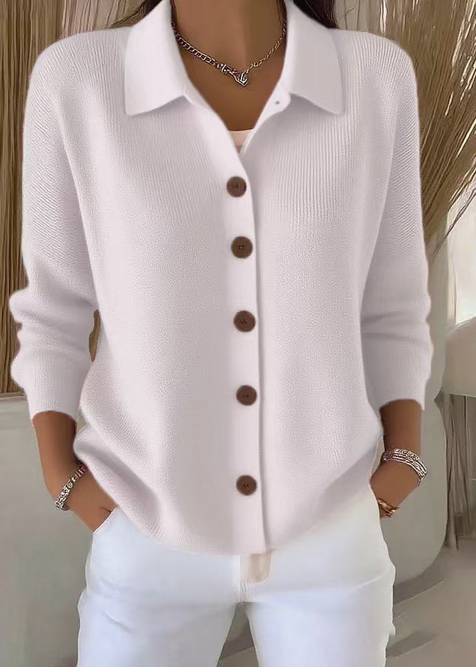 Kaeliora | Women's Knit Cozy Cardigan Sweater with Shirt Collar and Button Down Front — White