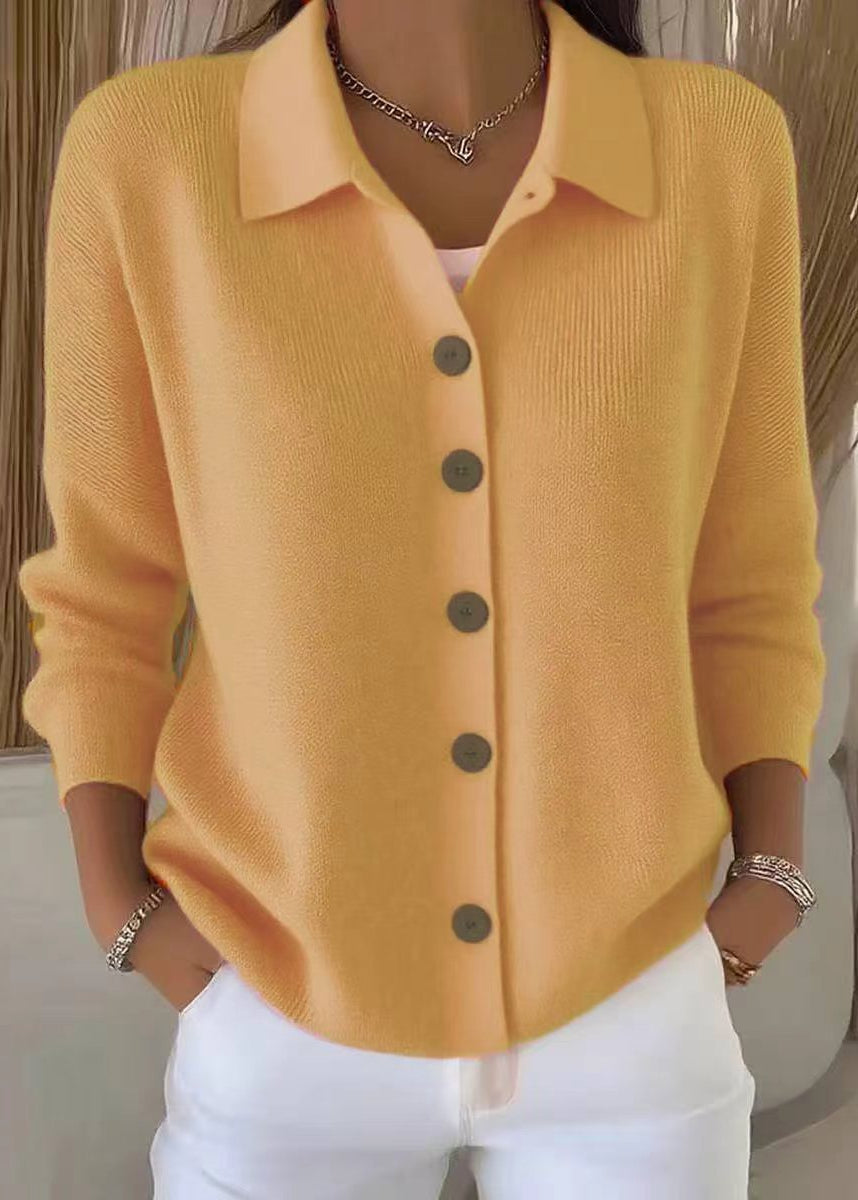 Kaeliora | Women's Knit Cozy Cardigan Sweater with Shirt Collar and Button Down Front — Yellow