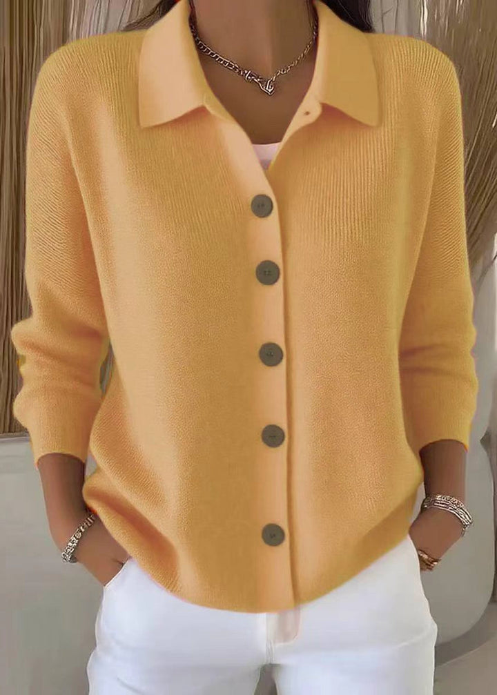 Kaeliora | Women's Knit Cozy Cardigan Sweater with Shirt Collar and Button Down Front — Yellow