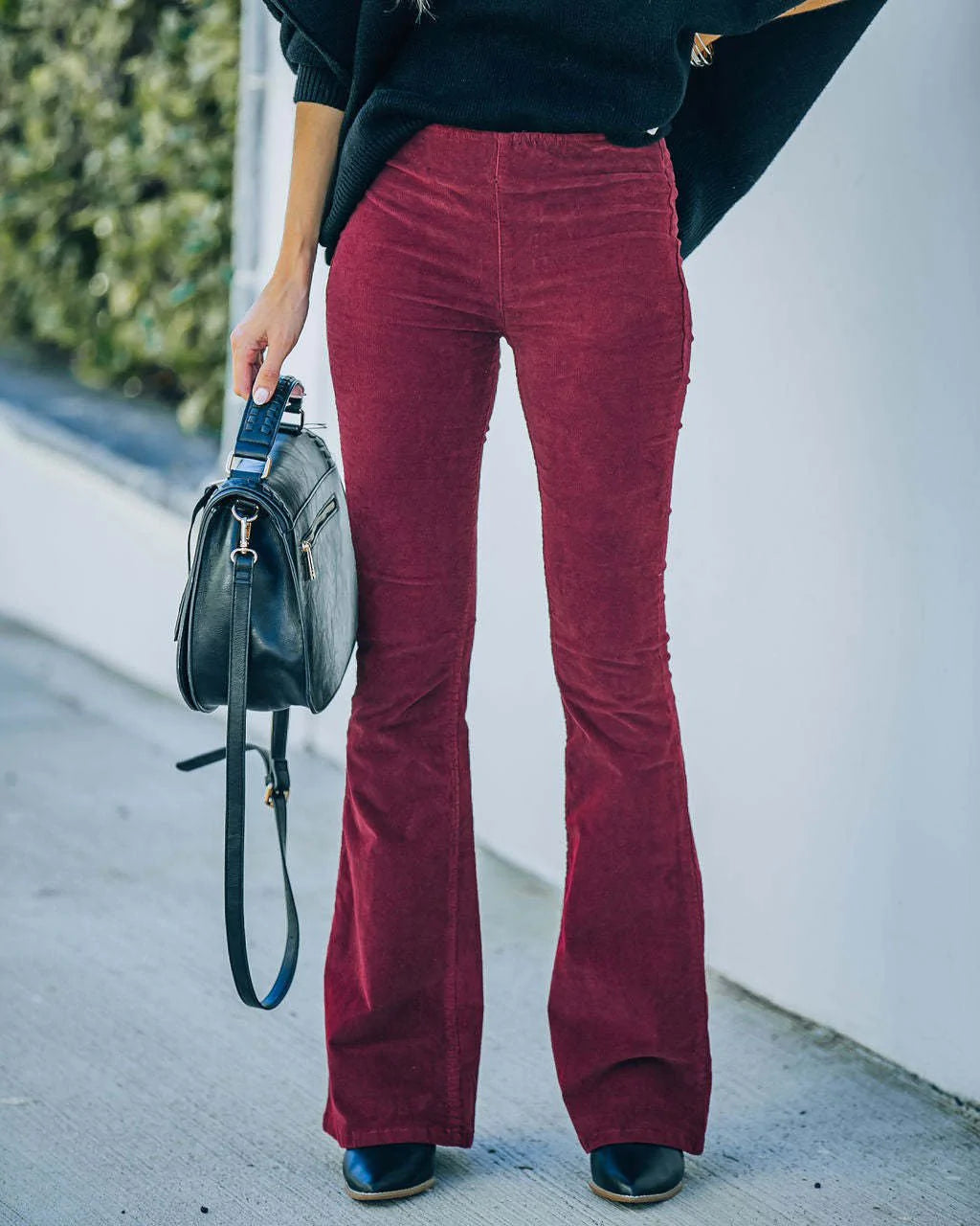 Caelwen | Women's Wide-Leg High-Rise Corduroy Flared Trousers — Burgundy