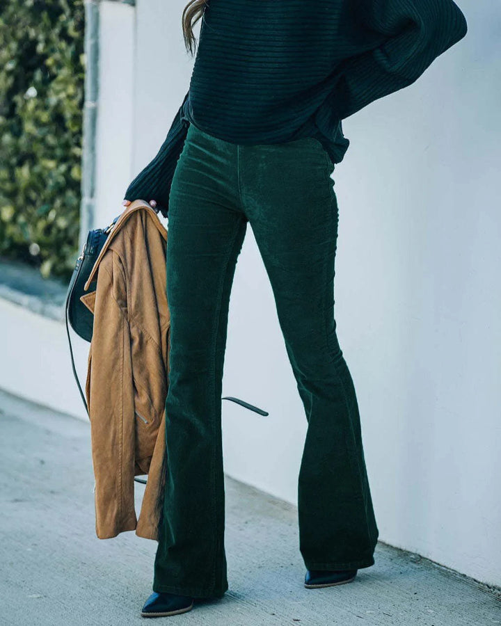 Caelwen | Women's Wide-Leg High-Rise Corduroy Flared Trousers — Dark Green