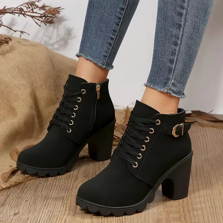 Caeoura | Women's Clean Faux Leather Lace-Up High Heel Boots — Black