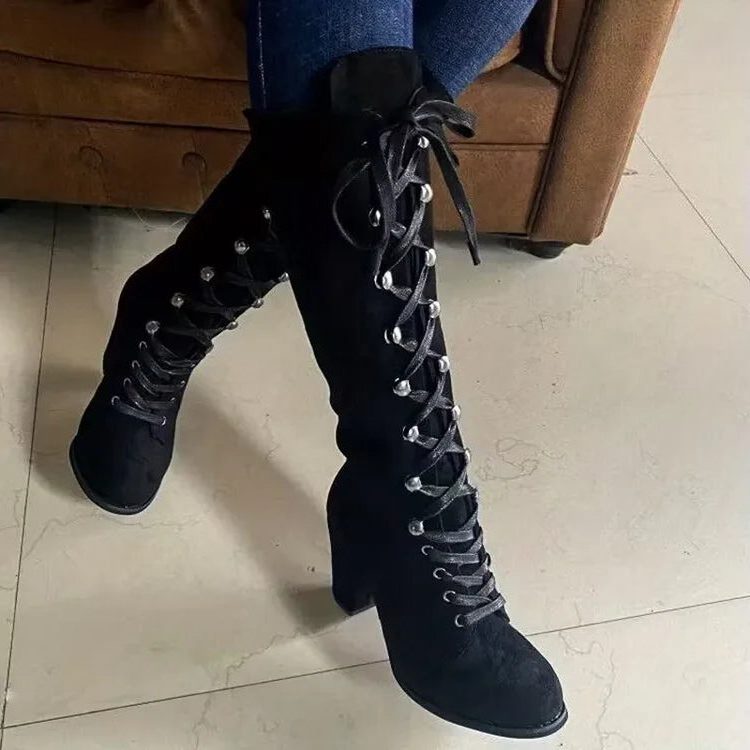 Celwen | Women's Suede Knee-High Boots, Block Heel Lace-Up — Black