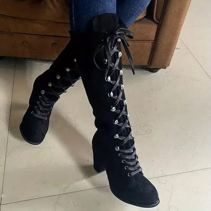 Celwen | Women's Suede Knee-High Boots, Block Heel Lace-Up — Black