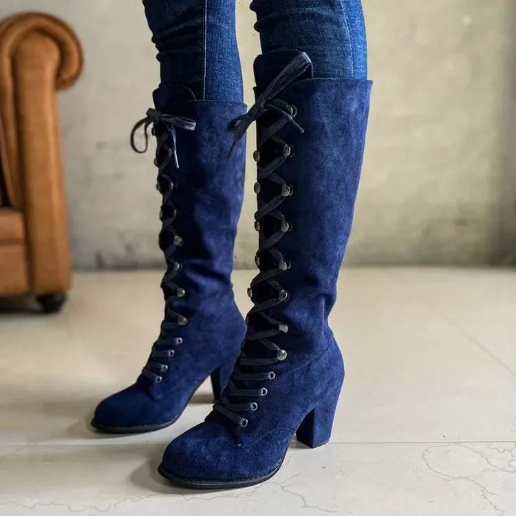 Celwen | Women's Suede Knee-High Boots, Block Heel Lace-Up — Blue