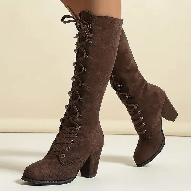 Celwen | Women's Suede Knee-High Boots, Block Heel Lace-Up — Brown