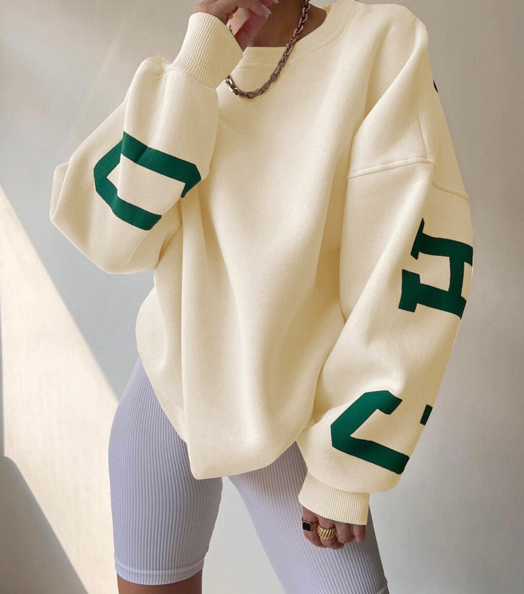 Clyriel | Women's Oversized Fleece Lined Varsity Sleeve Crewneck Jumper