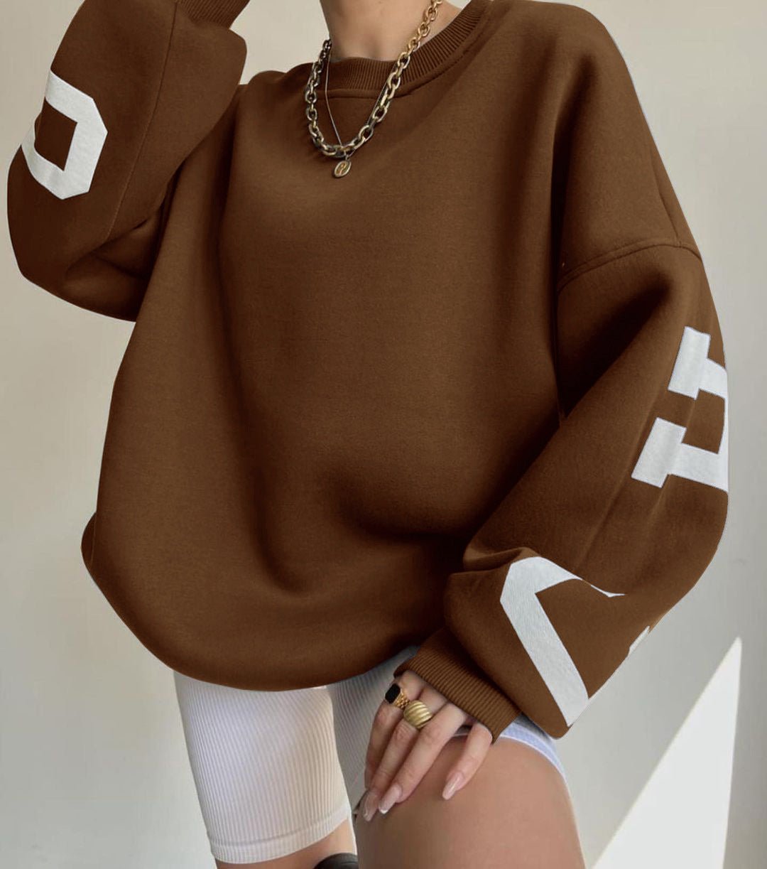 Clyriel | Women's Oversized Fleece Lined Varsity Sleeve Crewneck Jumper