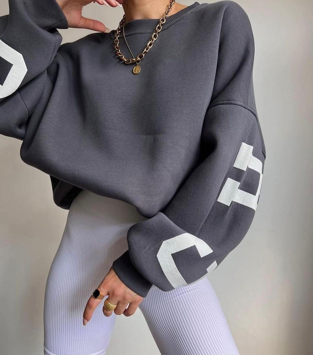 Clyriel | Women's Oversized Fleece Lined Varsity Sleeve Crewneck Jumper