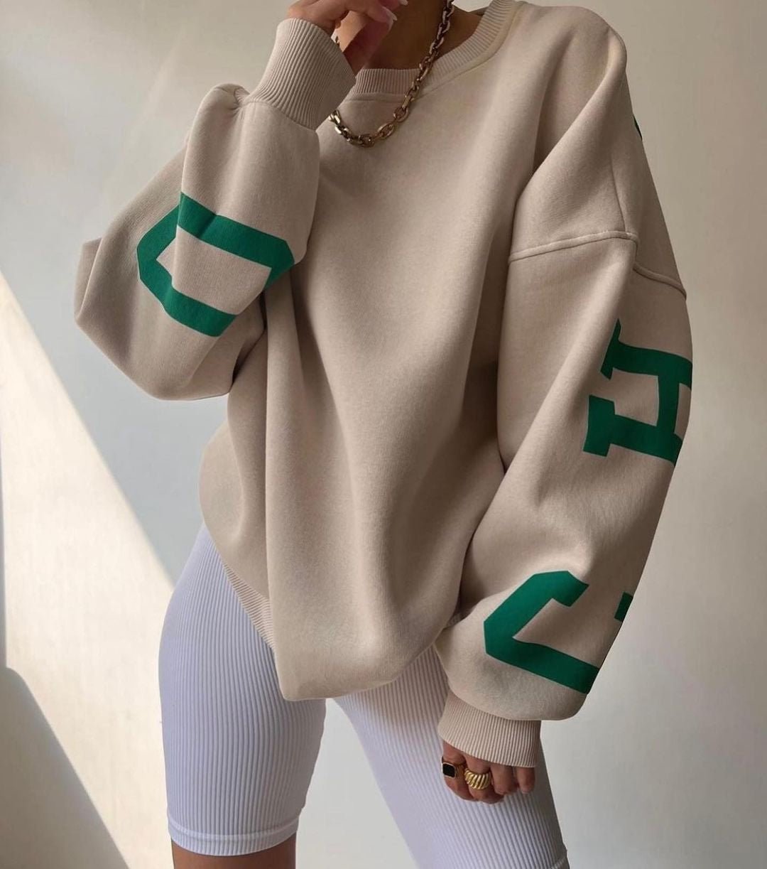 Clyriel | Women's Oversized Fleece Lined Varsity Sleeve Crewneck Jumper