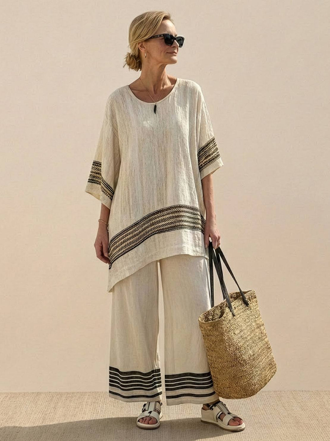 Woman styled in a coordinated embroidered set with a longline top and relaxed trousers.
