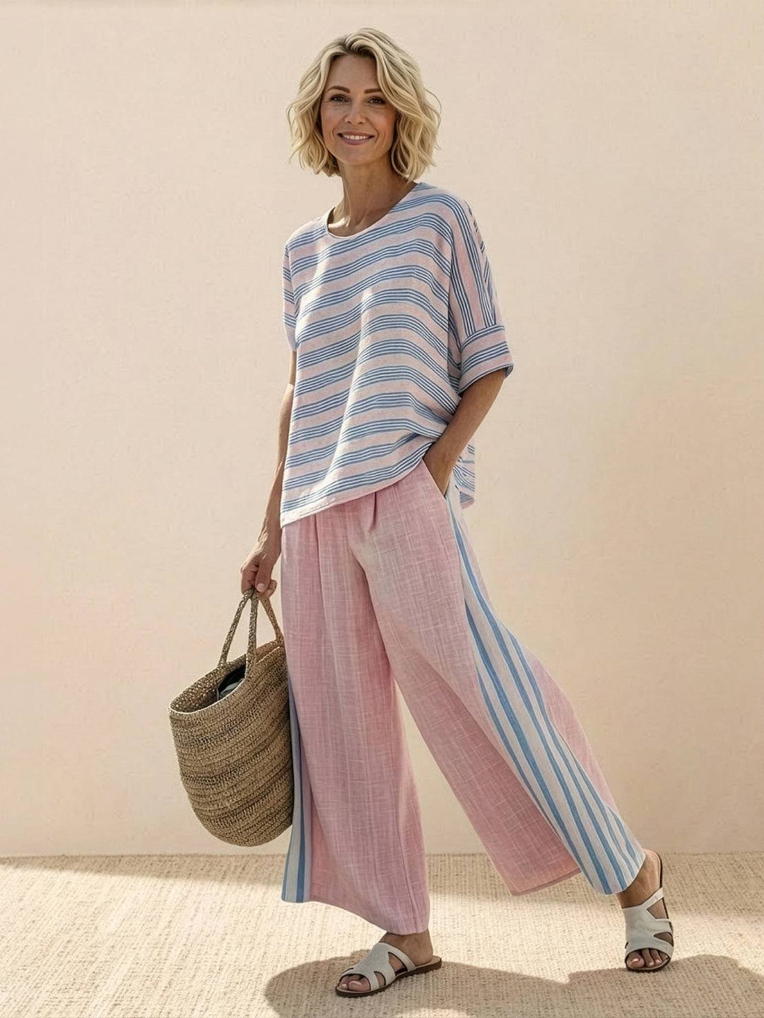 Woman styled in an embroidered two-piece set with a comfortable and elegant shape.