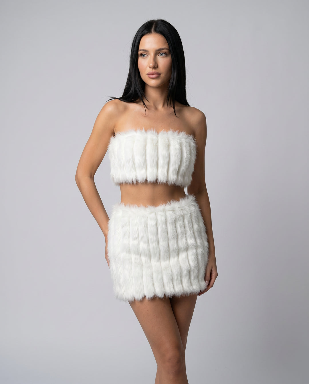 Coraisse | Women's Maxi High-Waist Faux Fur Bandeau Top and Mini Skirt Set — 1