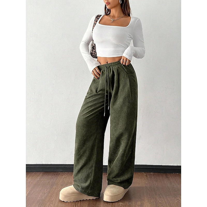 Corinthea | Women's Corduroy Wide-Leg Pants with Drawstring Waist — 2