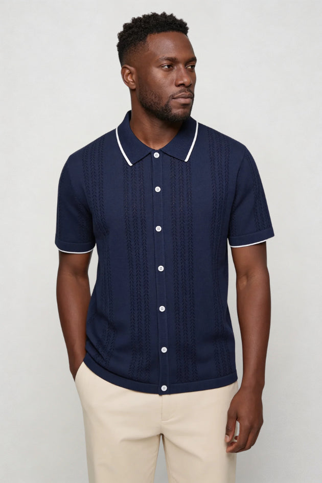 Cornelius | Men's Cozy Marquez Knit Button Shirt - Navy Sweaters — 1