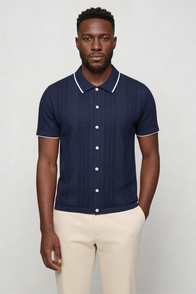 Cornelius | Men's Cozy Marquez Knit Button Shirt - Navy Sweaters — 3
