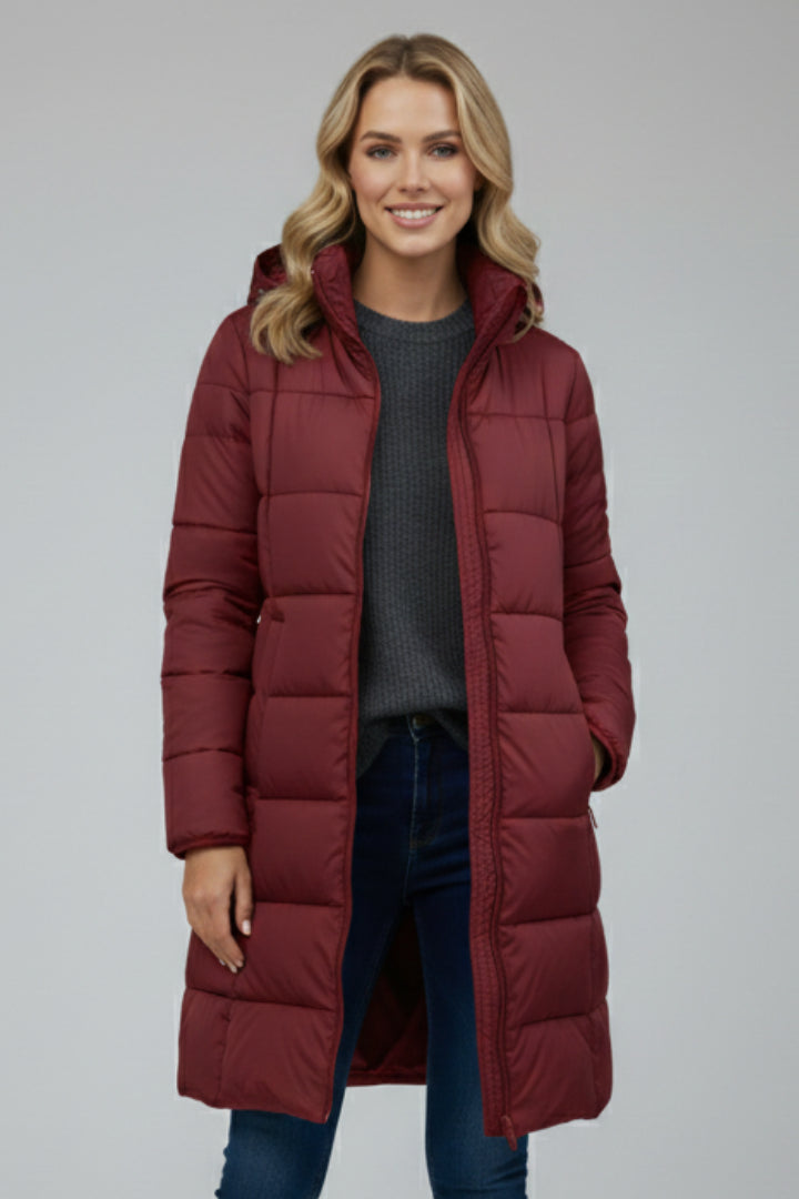 Dahlina | Women's Longline Puffer Jacket — Burgundy