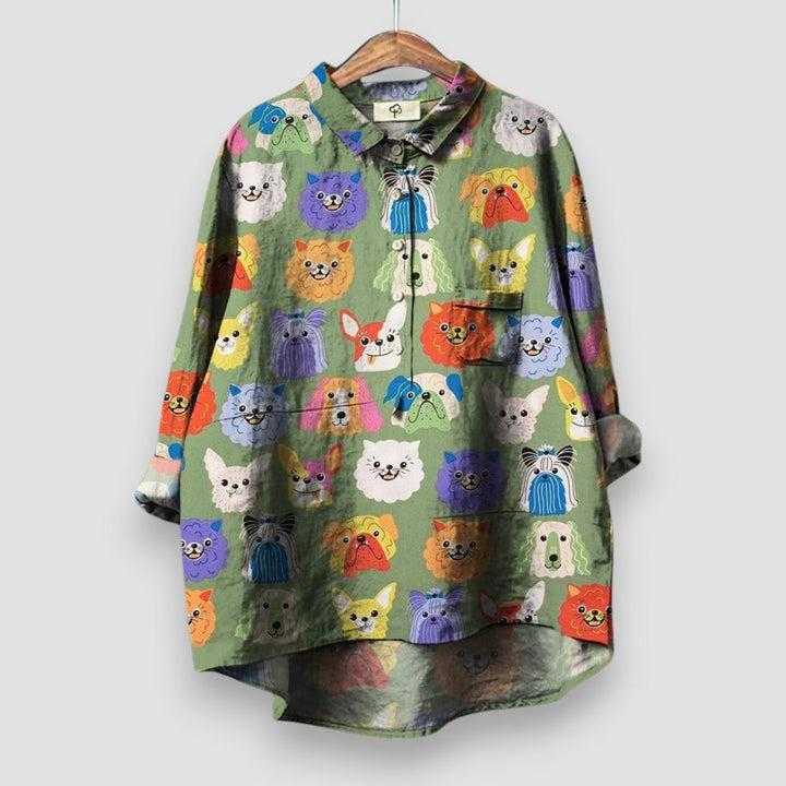 A relaxed fit animal print shirt with a dog design.