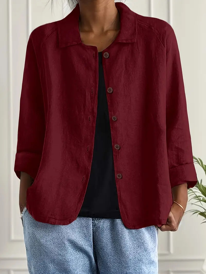  Female wearing a versatile top with a classic look.