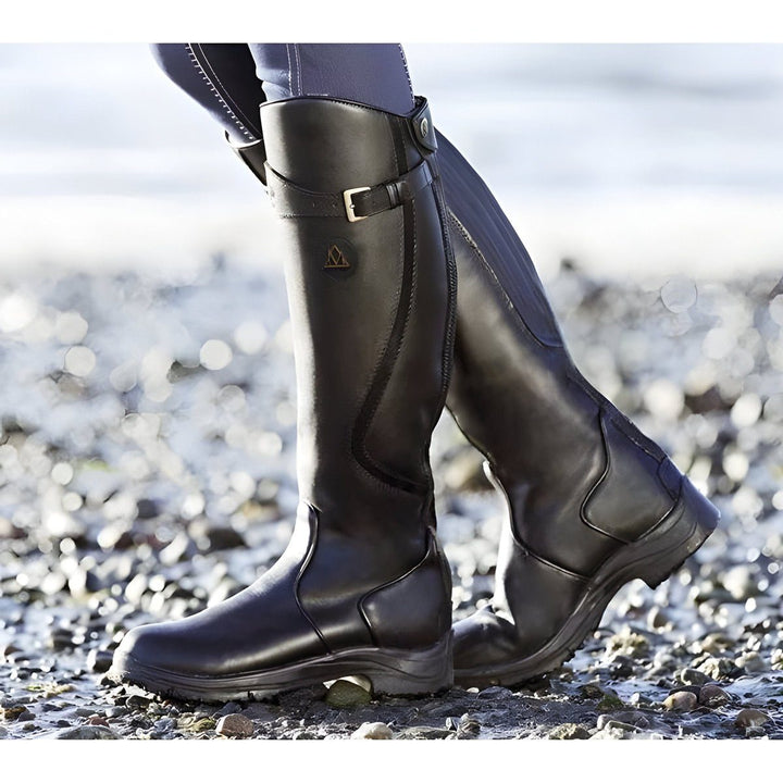 Delwen | Women's Leather Knee High Riding Boots with Buckle Strap for — Black