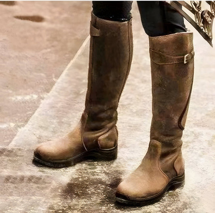 Delwen | Women's Leather Knee High Riding Boots with Buckle Strap for — Brown
