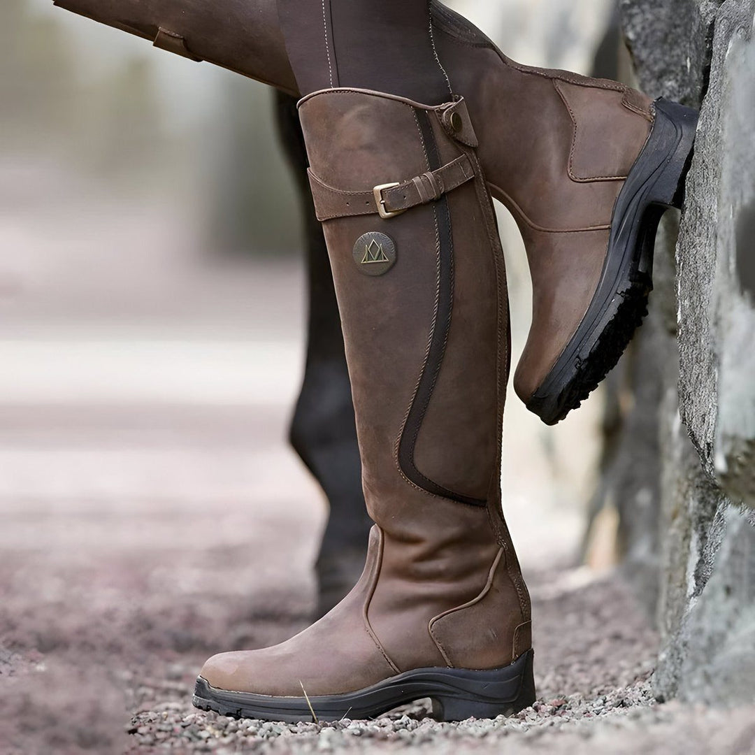 Delwen | Women's Leather Knee High Riding Boots with Buckle Strap for — Dark Brown