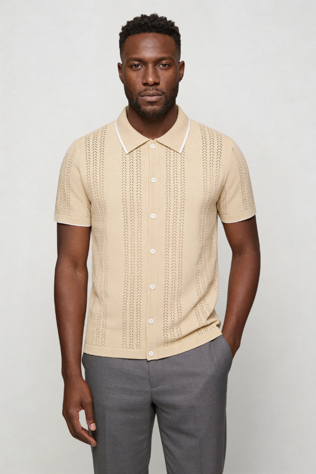 Demetrius | Men's Cozy Marquez Knit Button Shirt - Beige Sweaters — 1