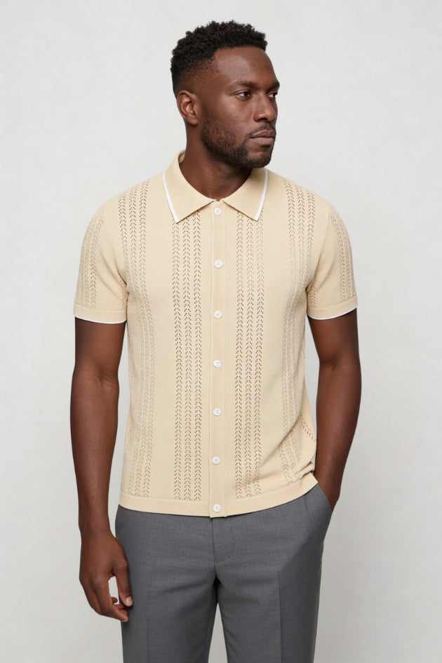 Demetrius | Men's Cozy Marquez Knit Button Shirt - Beige Sweaters — 3