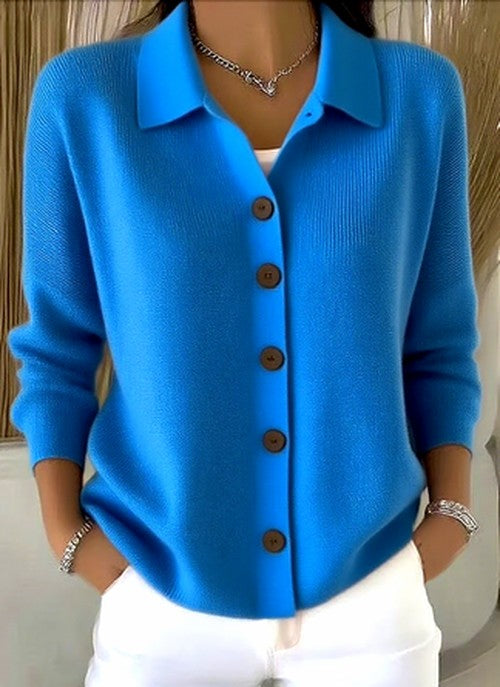 Doriynn | Women's Cozy Ribbed Knit Cardigan with Collared Button Front — Blue