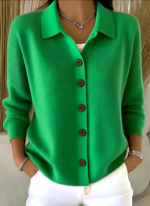 Doriynn | Women's Cozy Ribbed Knit Cardigan with Collared Button Front — Green