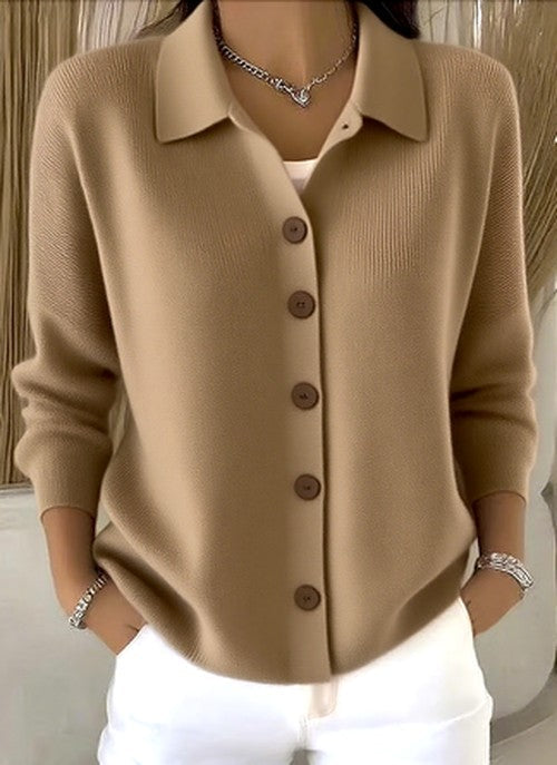 Doriynn | Women's Cozy Ribbed Knit Cardigan with Collared Button Front — Khaki