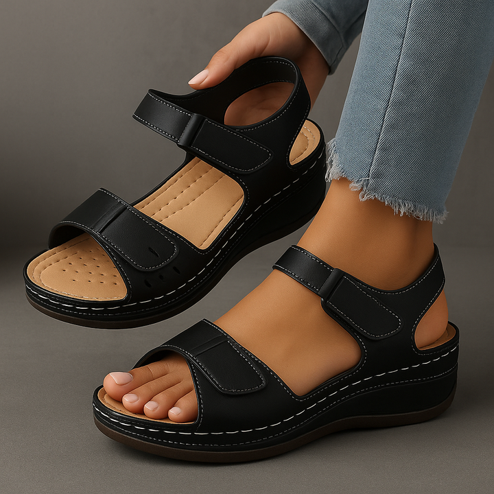 Woman showing side view of wedge sandals on a plain background.
