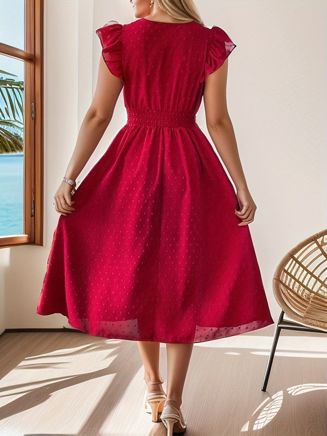  Female model wearing a midi dress with flowing ruffle sleeves 