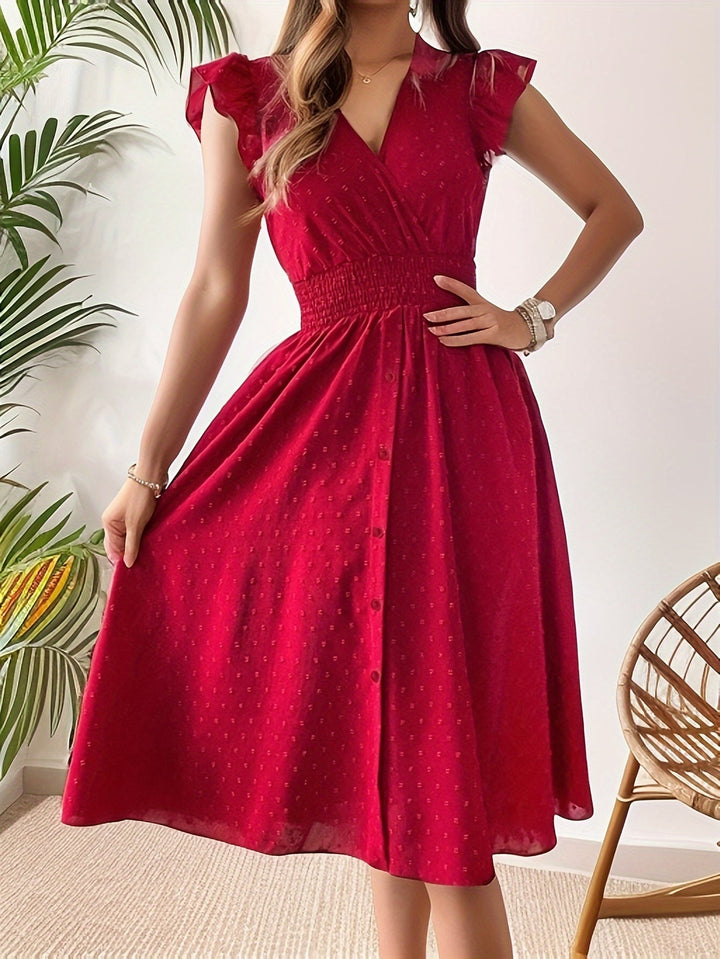  Female model showcasing a midi dress with a classic polka dot pattern on a plain background.