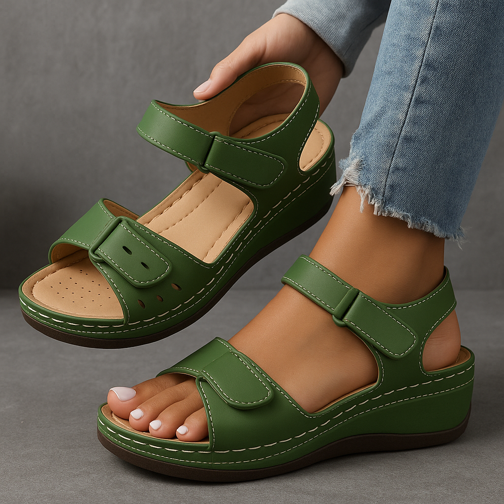 Woman wearing open toe wedge sandals against a plain background.