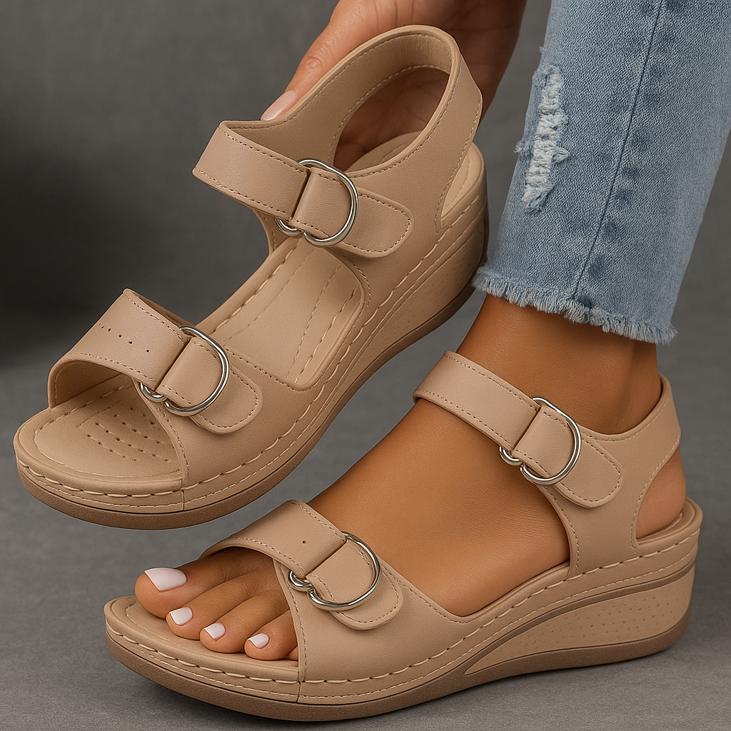 Woman posing in open toe sandals with a plain studio background.