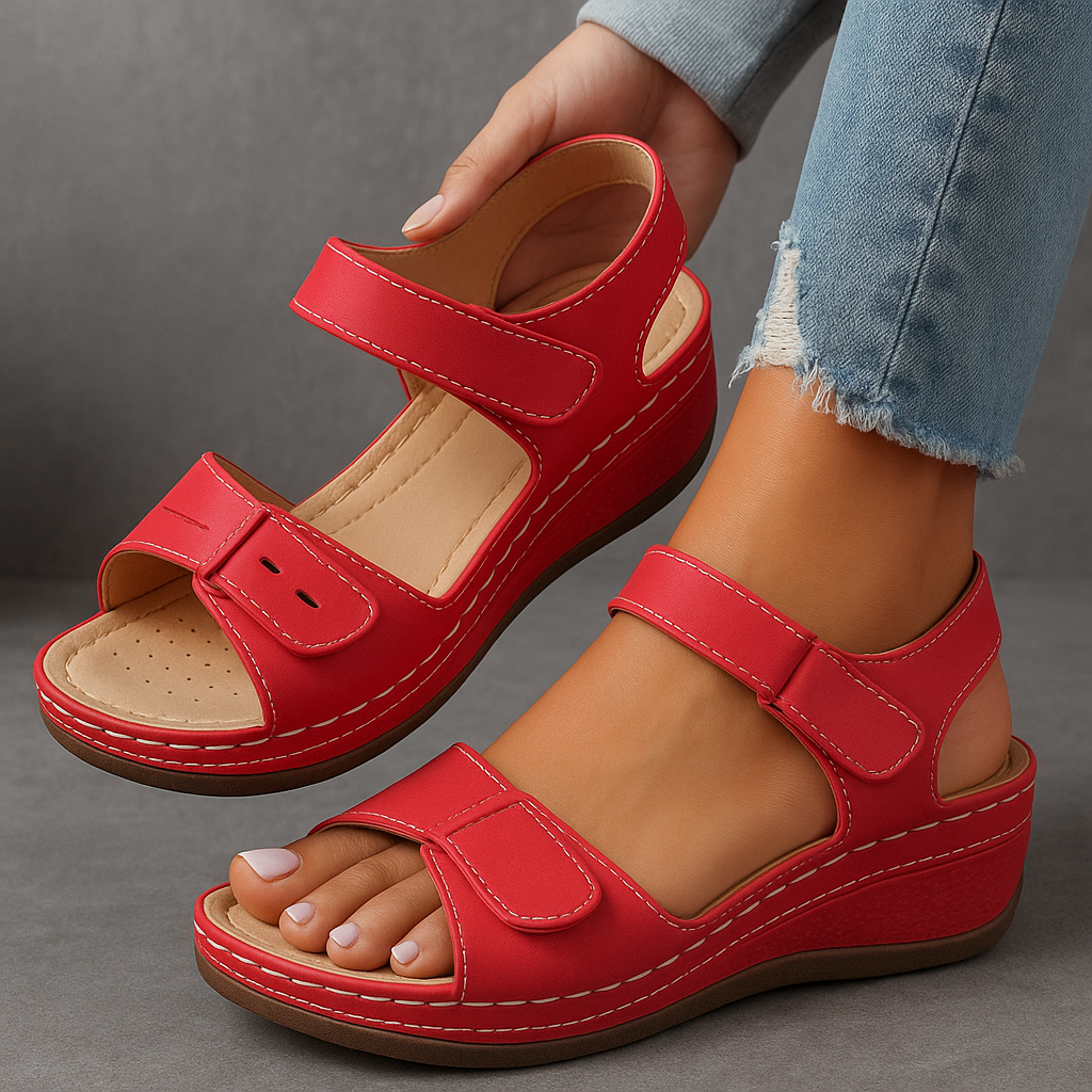 Woman wearing adjustable strap sandals against a plain background.