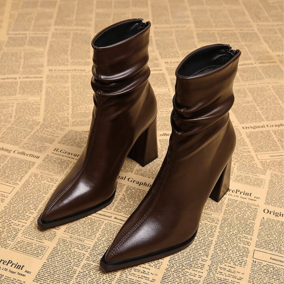 Elowaine | Leather Pointed Toe Block Heel Boots