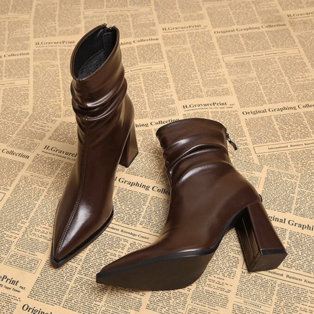 Elowaine | Leather Pointed Toe Block Heel Boots