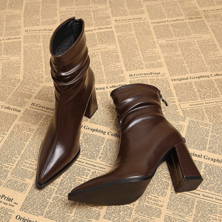 Elowaine | Leather Pointed Toe Block Heel Boots