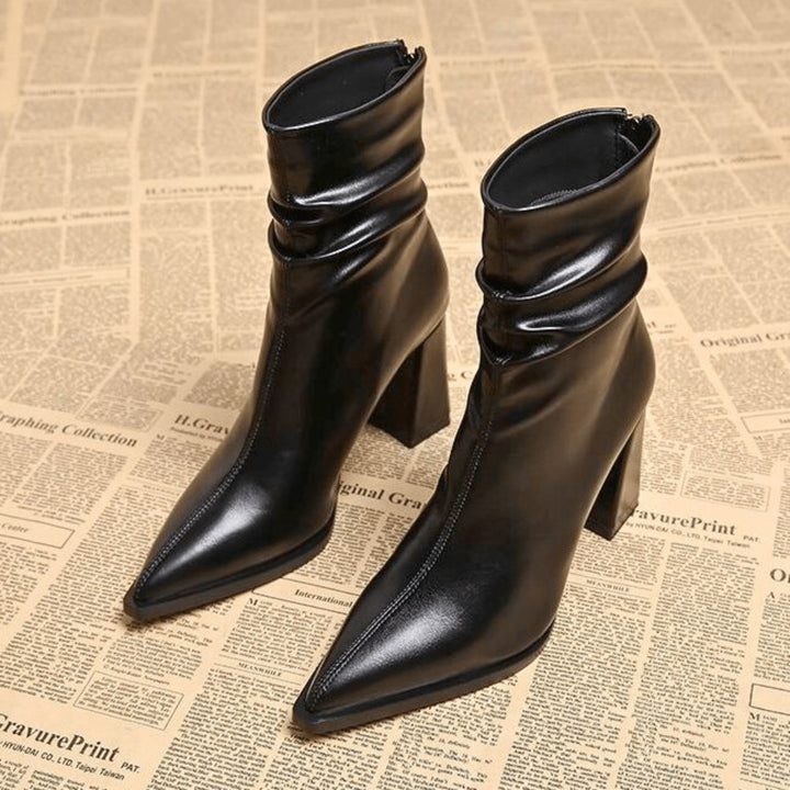 Elowaine | Leather Pointed Toe Block Heel Boots