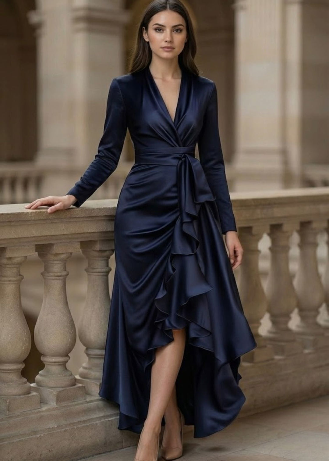 Elodeora | Women's Elegant Satin Wrap Dress High Low Ruffle Detail — 1