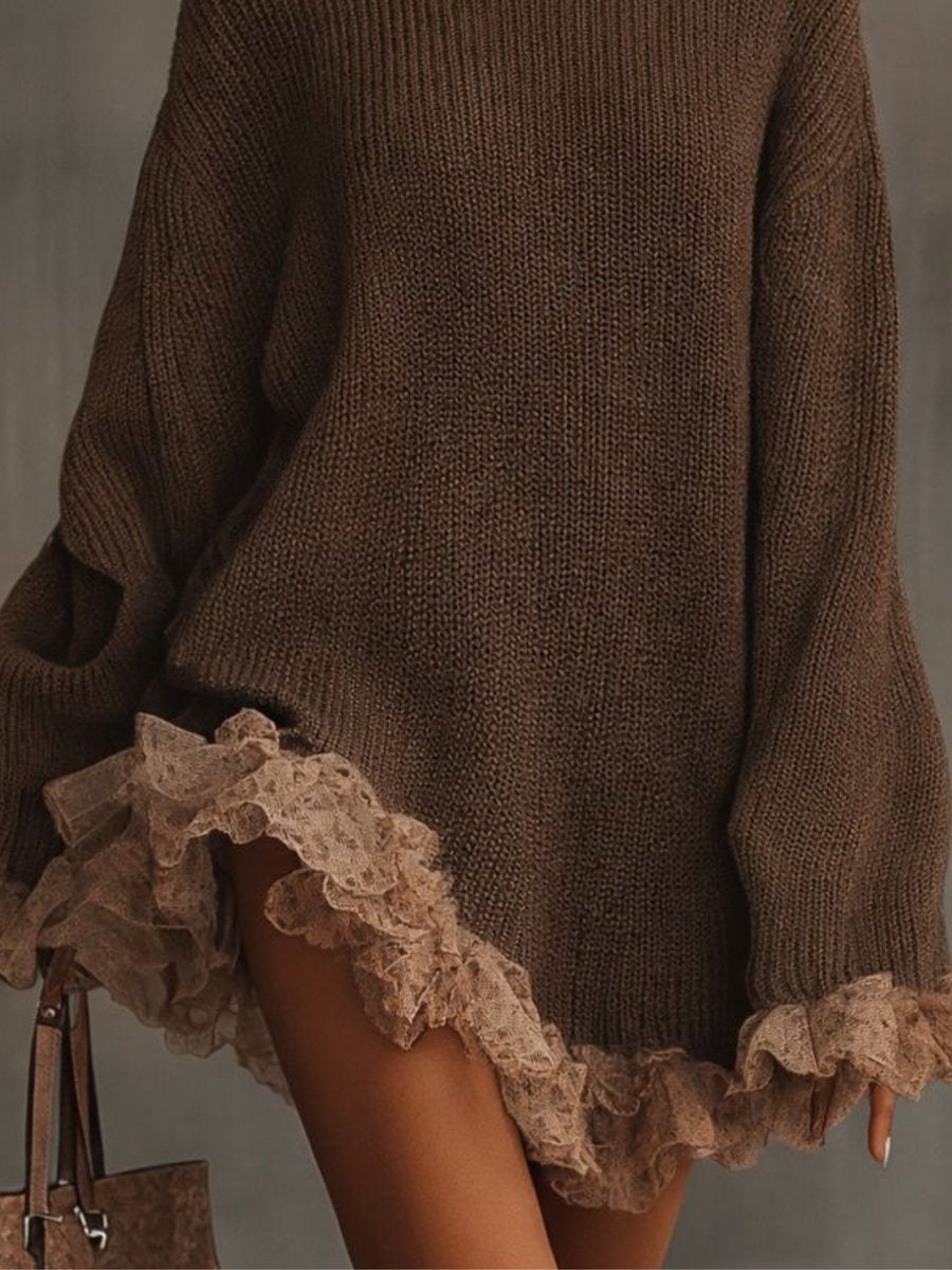 Elyeen | Women's Turtleneck Knit Lace Hem Oversized Mini Dress