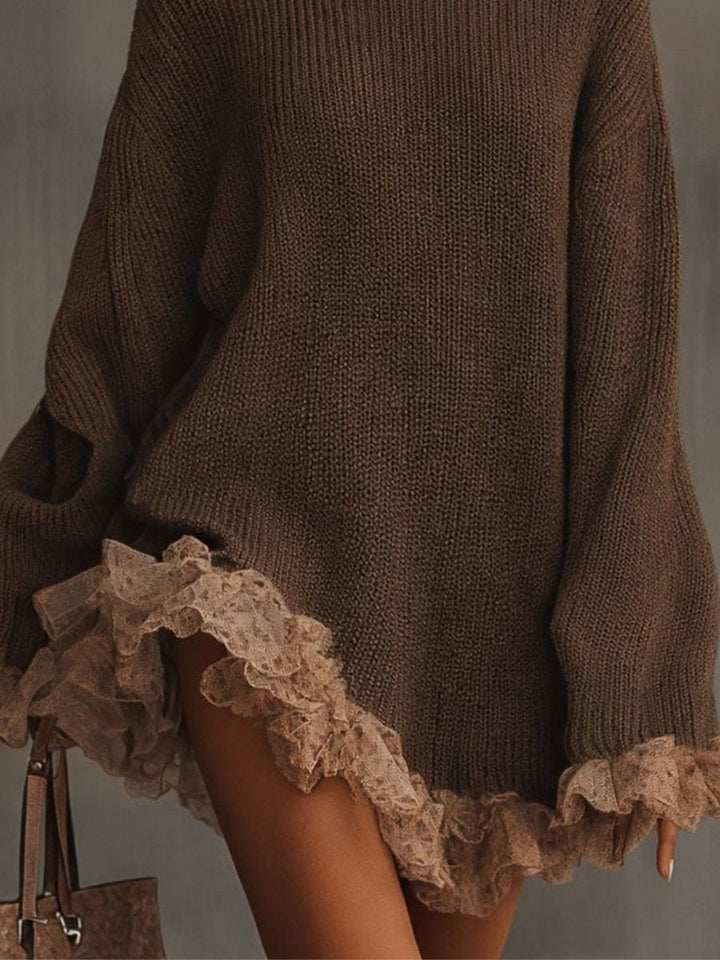 Elyeen | Women's Turtleneck Knit Lace Hem Oversized Mini Dress