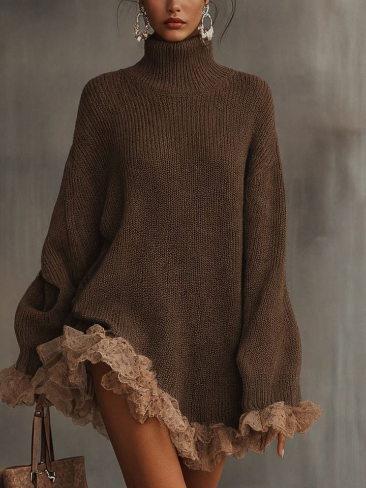 Elyeen | Women's Turtleneck Knit Lace Hem Oversized Mini Dress