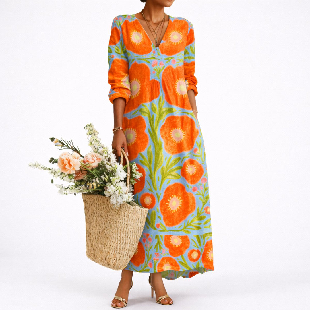 Emerbelle | Floral V-Neck Long Sleeve Maxi Wedding Guest Dress