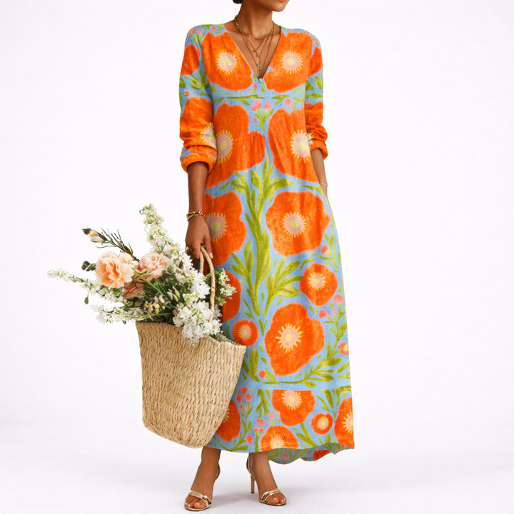 Emerbelle | Floral V-Neck Long Sleeve Maxi Wedding Guest Dress