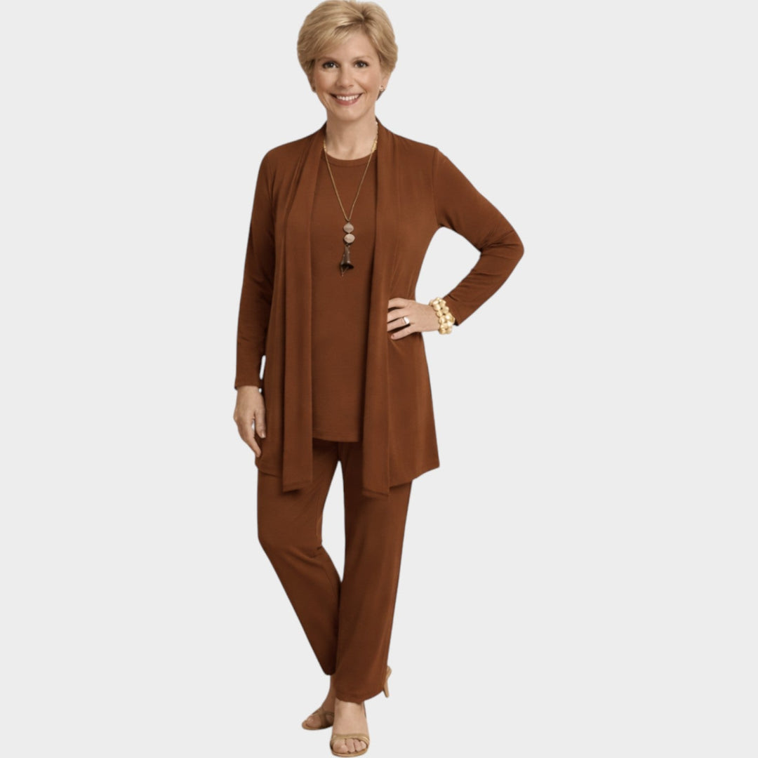 Emervanne | Women's Matching Suit Soft Knit Three Piece Set — Brown