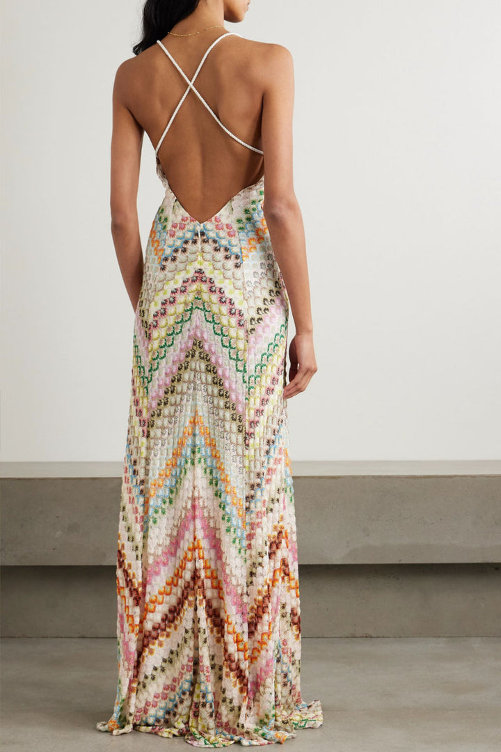 Esmelyn | Women's Elegant Back Knit Maxi Dress with Vibrant Herringbone Pattern — 2
