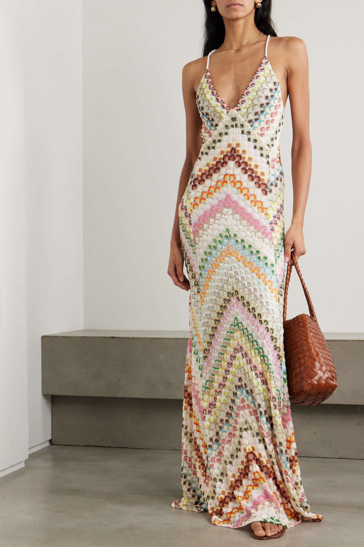 Esmelyn | Women's Elegant Back Knit Maxi Dress with Vibrant Herringbone Pattern — Multicolor